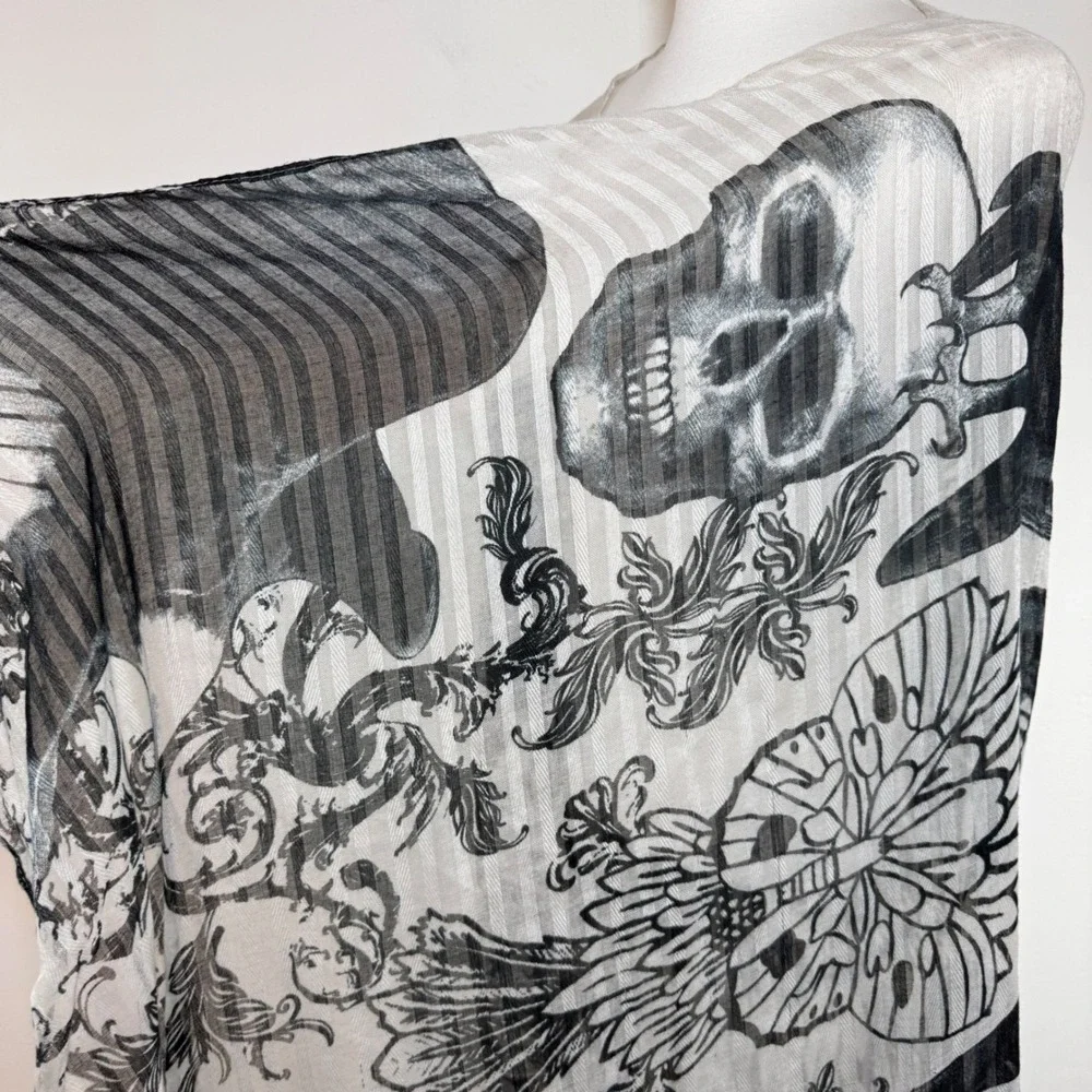 Black White Skull Print Scarf Oversized Sheer Goth Witchy Whimsygoth Grunge